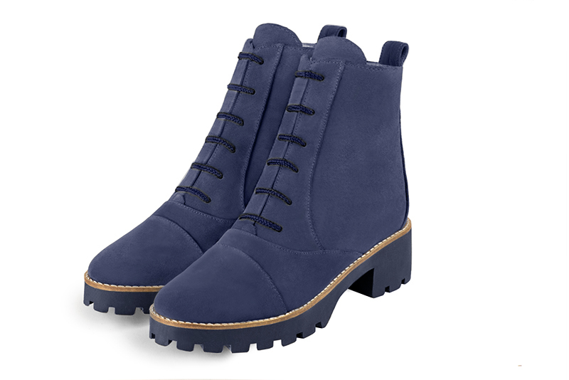 Prussian blue women's ankle boots with laces at the front. Round toe. Low rubber soles. Front view - Florence KOOIJMAN